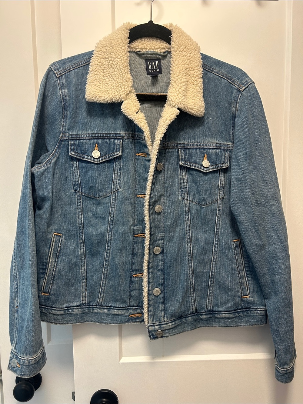 GAP Blue Denim Jacket with Cream Sherpa Collar and Trim